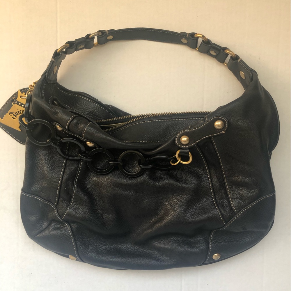 Juicy Couture Black Pebbled Leather Shoulder Hobo Icon Charm Shoulder Bag Y2K